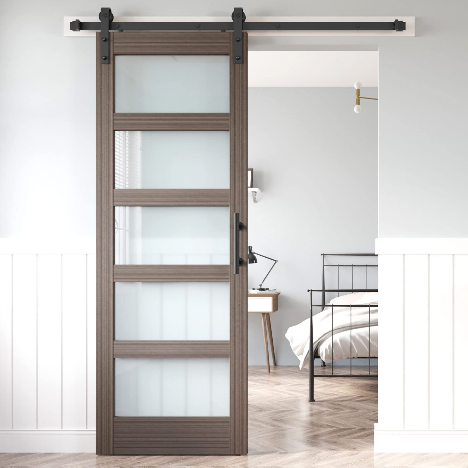 30x84 Inch Glass Sliding Barn Door with 5.5ft Hardware Kit, 5 Frosted Panels