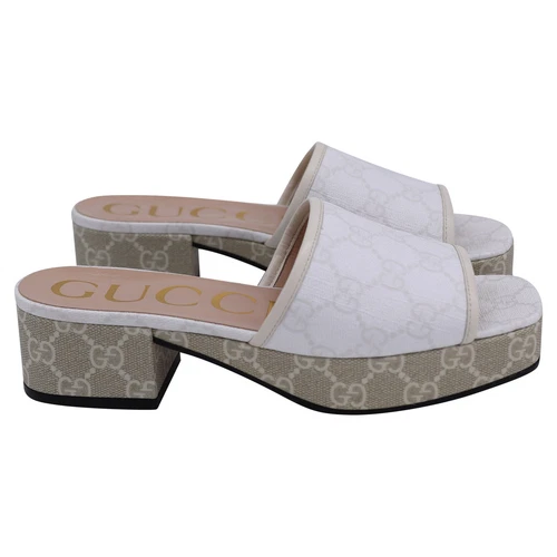 Gucci Gg Supreme Monogramme Malaga Enfant Plateforme Slides En Toile Femme Wh Taille 35