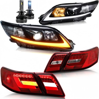 For 2010-2011 Toyota Camry VLAND Headlights+Red Tail Lights+LED Bulbs Bundle Set