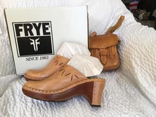 Frye Charlotte Clogs Size 9 Tan Leather Floral Inlay w/ free purse, worn 1 time