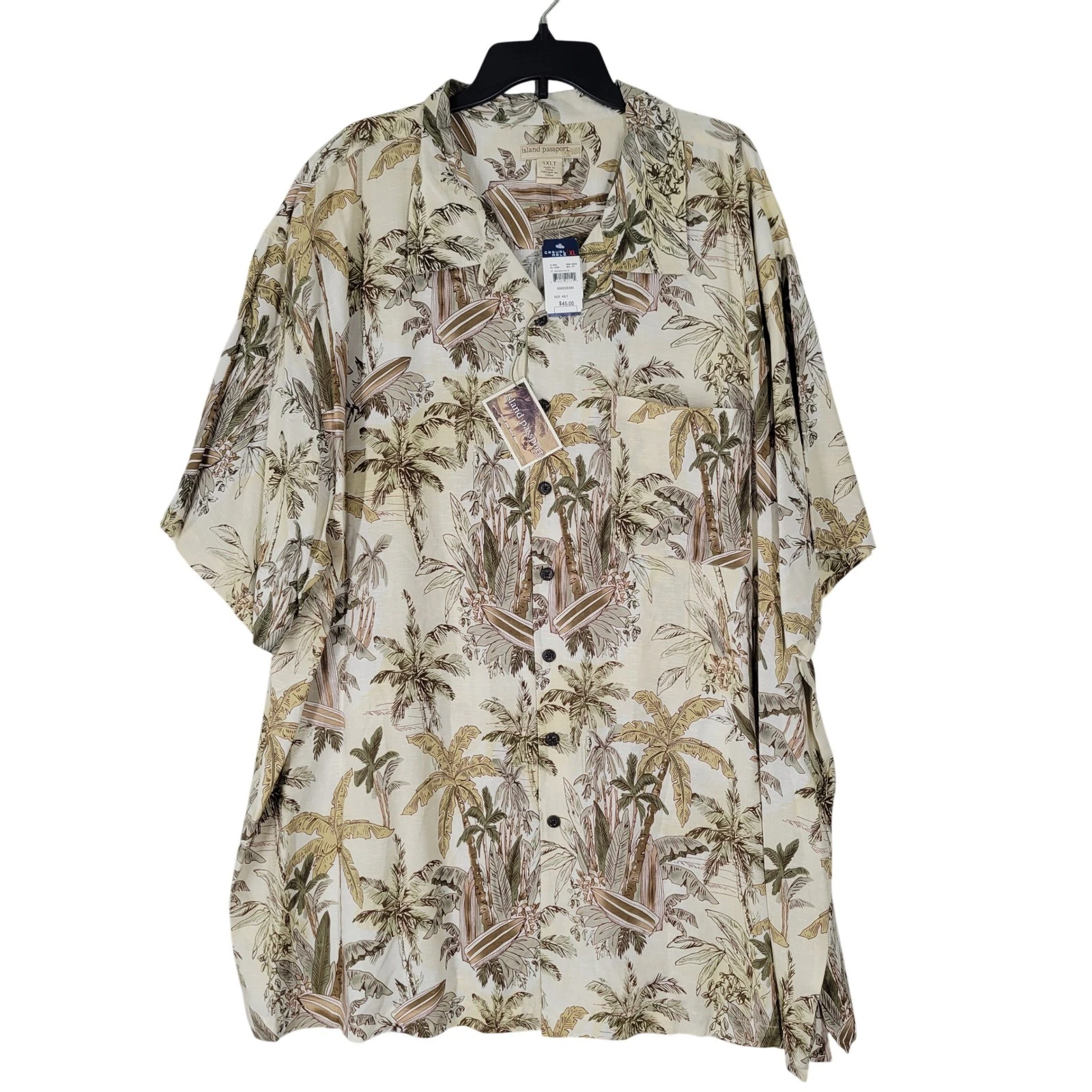 Island Passport Camp Shirt Mens 4XLT Beige Palm Tree Surfboard Rayon NWT