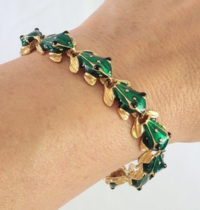 Authentic Vintage Green Enamel Frog Link Bracelet Gold Plated Animal Statement Piece