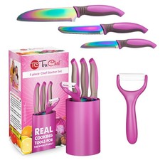 Kids Knife Set 5 PCS Pink Stainless Steel Chef Paring Peeler Holder Tool