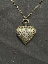 Vintage Bronze Heart Shaped Pendant 24 Necklace Pocket Watch Quartz White Face