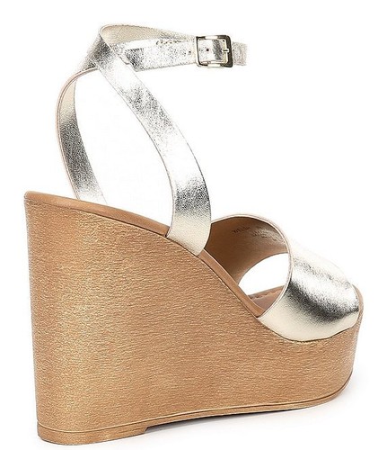 Sandalia de cuña Steve Madden galés de cuero dorado con correa en el tobillo plataforma punta abierta - Imagen 2 de 8
