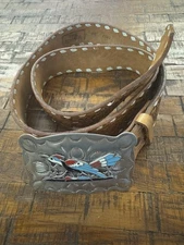 B-K Silversmiths Nickel Silver Belt Buckle. Ranch Pal Leather Belt Sz 38. “Mike”