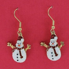 SNOWMAN EARRINGS White Enamel Glitter Red Wires Dangles Winter Christmas Holiday
