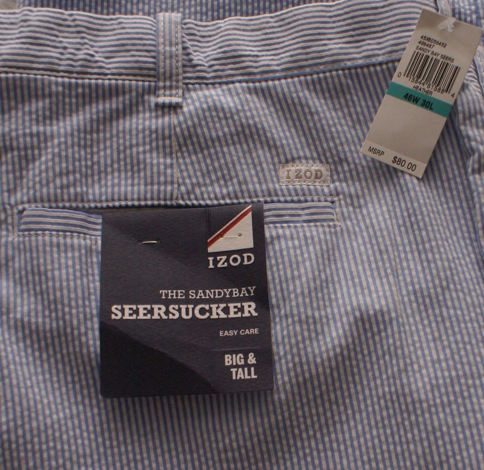 IZOD SANDYBAY SEERSUCKER PANTALÓN HOMBRE RAYAS AZUL/BLANCO, GRANDE ALTO 46X30, NUEVO Foto 3 de 3