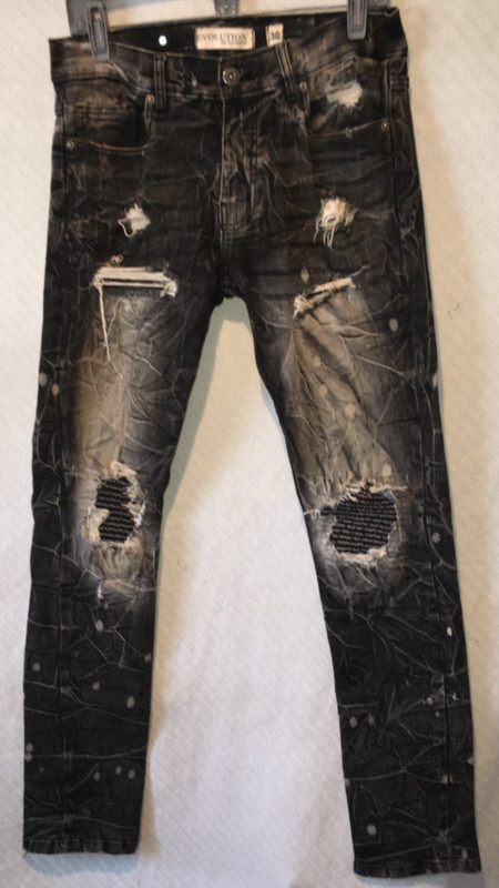 MEN'S 30X32" EVOLUTION IN DESIGN BLACK 5 POCKET DISTRESSED DENIM JEANS PANTS