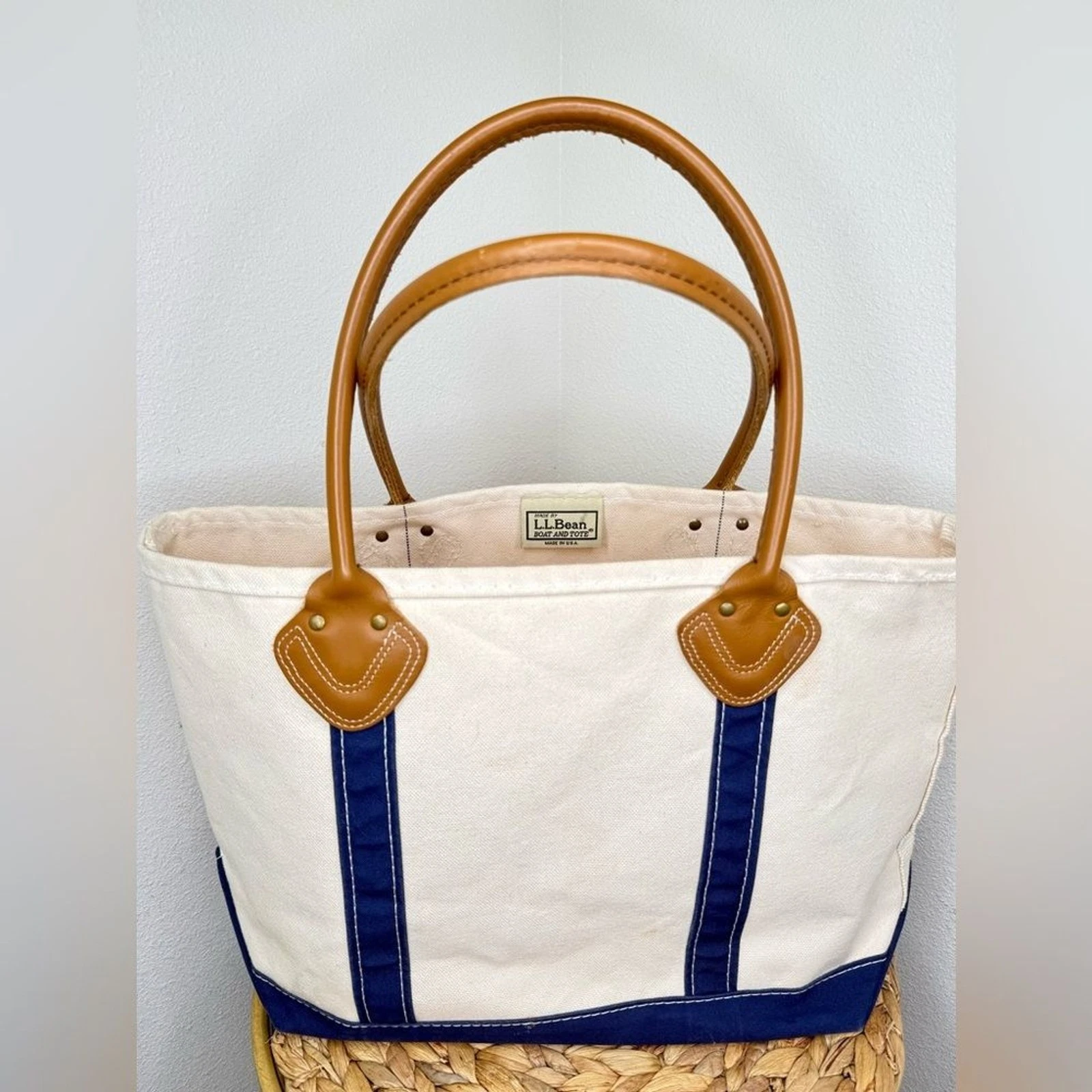 Vtg L.L.Bean ToteBag Leather-Handle Boat & Tote Canvas Carryall structured bag