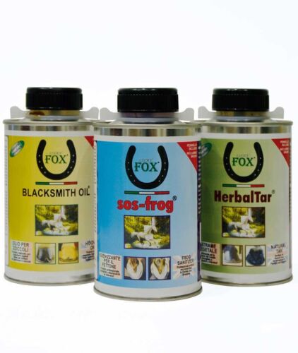Set 3 pezzi cura dello zoccolo SOS Frog + Herbal Tar + Blacksmith Oil 500 ml cad