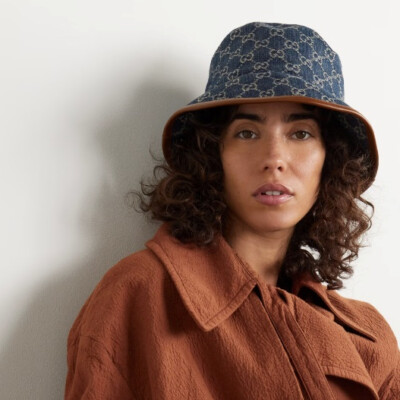NEW GUCCI GG Monogram Denim Leather Trim Bucket Hat Size M / 58 cm