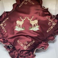 Two Embroidered White Tail Deer Throw Pillow 14" x 14" Satin Maroon Textile Art