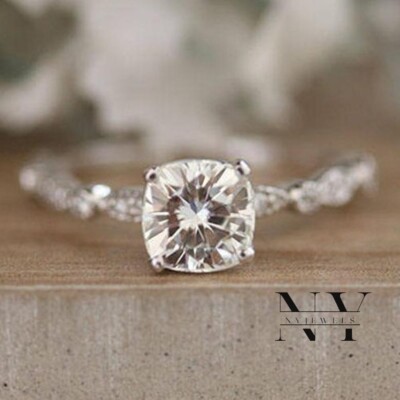 Solid 14K White Gold Moissanite Solitaire Engagement Ring 2 Carat Cushion Cut