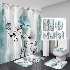 Teal Daisy Flower Shower Curtain Sets with Rugs 4 Piece Rustic Flower