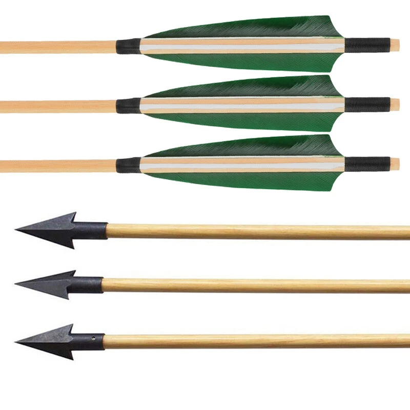 32" Archery Wooden Arrows Hunting Arrowheads 5" Feather Recurve Bow Longbow - Image 3 of 4