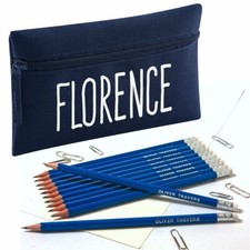 Personalised Pencil Case with12 Embossed Rubber Tipped HB Pencils - Navy