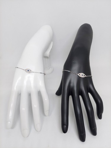 Evil Eye's Mother of Pearl Hamsa Bracelet .925 Sterling Silver White Gold. - Picture 9 of 16