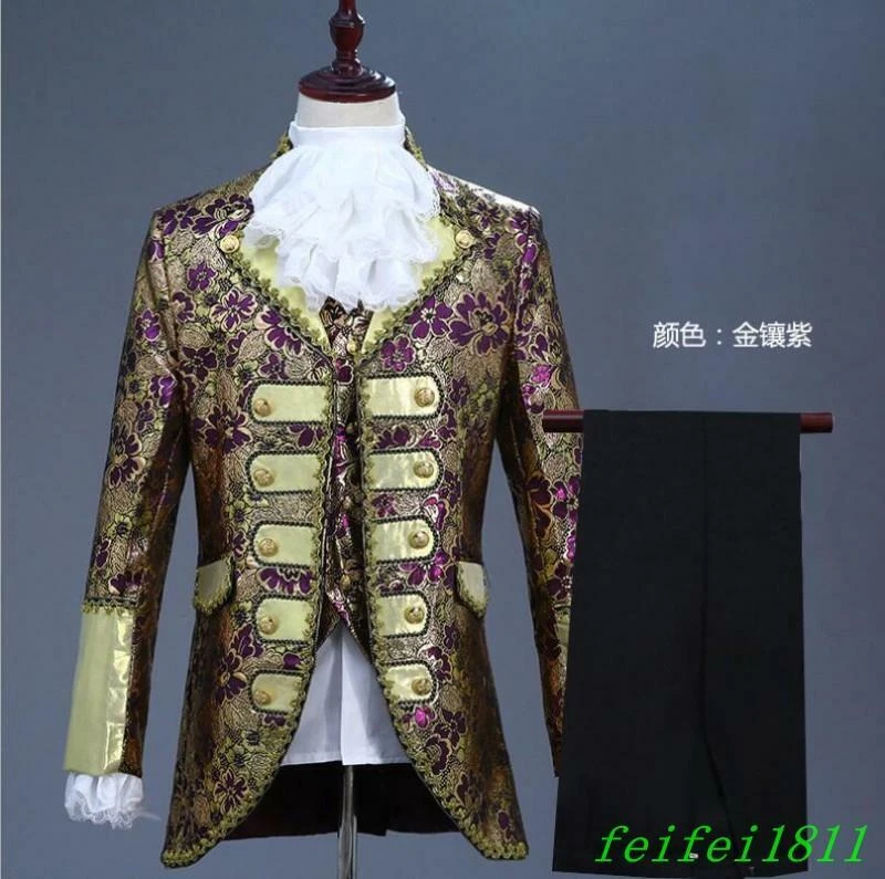 Retro Para hombres Rey Príncipe Cosplay Traje Conjunto Halloween Disfraz Abrigo Chaleco Pantalón 3 PIEZAS Foto 4 de 4