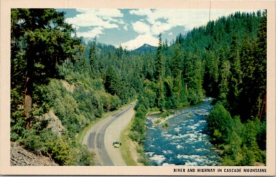 River and Highway in Cascade Mountains Vintage Postcard Wpc3