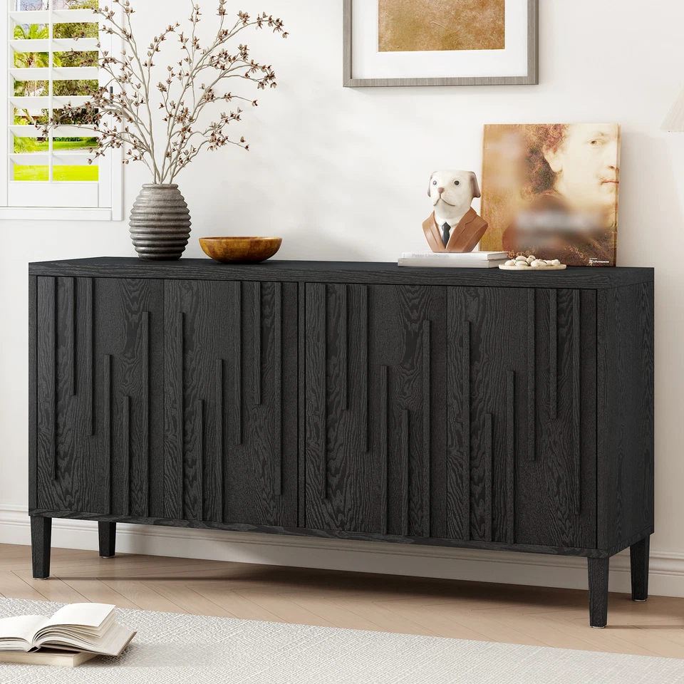59.8" 4-Door Wood Sideboard Farmhouse TV Stand Solid Ash Veneer Buffet w/Storage - Image 2 of 4