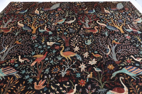 12 x 15 ft Black Birds Area Rug Afghan Hand Knotted Veg Dye Wool Living Room Rug - Picture 4 of 13