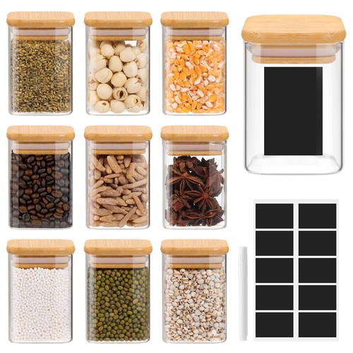 Glass Spice Jars with Bamboo Lids - 9 Oz Small Square Storage Jars with Airti...
