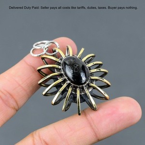 Authentic Oval Natural Psilomelane Sister Cage 18K Gold Plated Pendant 925 Sterling Silver