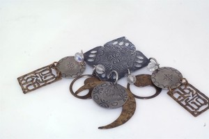 Marjorie Baer Acc. S.F. Modernist Mixed Metals 4.5" Pin Brooch Moon Tribal Asian