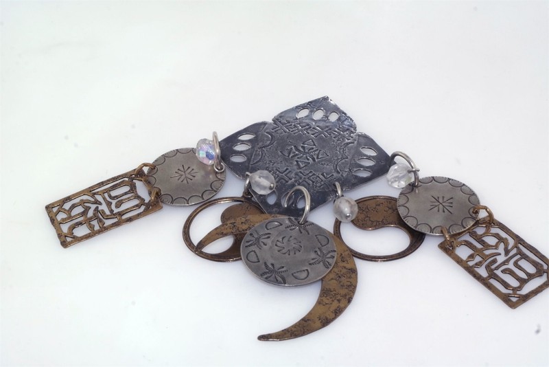 Marjorie Baer Acc. S.F. Modernist Mixed Metals 4.5" Pin Brooch Moon Tribal Asian