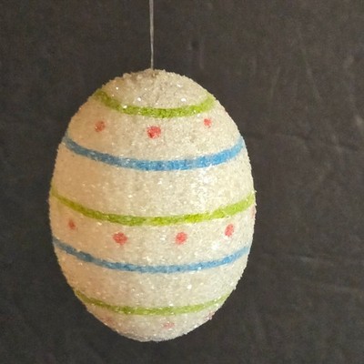 Glittery Easter Egg Ornament With Blue Green Stripes & Pink Dots Shimmer 3''