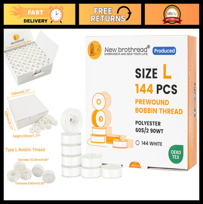 144pcs Prewound Bobbin Thread Type L White for Embroidery & Sewing Machines - 90