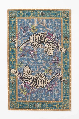 Handmade Wool Tufted Rug Agnes Design Blue Oriental Tiger Pattern Decor Anthro