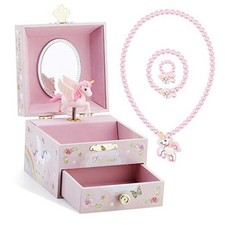 Kids Musical Jewelry Box for Girls with Drawer and Jewelry Set Pink Unicorn