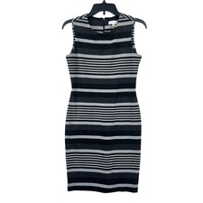 Calvin Klein Striped Sheath Dress Womens 2 Black Grey Sleeveless Stretch Office