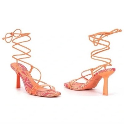 Antonio Melani Barden Lace Up Peach Reptile Strappy Sandals Heels Size 7.5 M