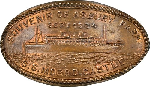 1934 Asbury Park S.S. MORRO CASTLE Elongated Cent NGC MS67 BN M&D-1 TOP POP 1/0