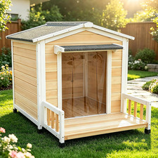 Dog House Outdoor Wooden Kennel with Porch, Large 43x32 Inches, Weatherproof
