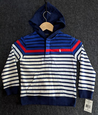 NWT Polo Ralph Lauren Striped Rugby Hoodie L/S Little Boy Sz 5 40-44lbs Blue Red
