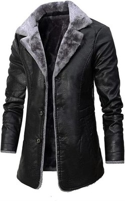 Men's Leather Lined Long Coat Genuine Sheepskin Warm Winter Shearling Fur Jacket
