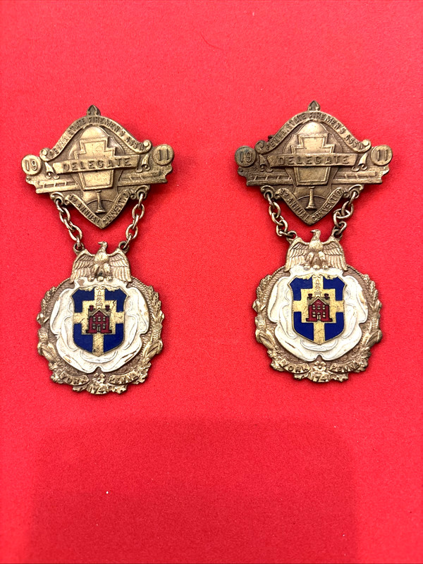 (2) 1911 PA State Firemen Assoc. York PA DELEGATE 32nd Annual Convention Badges