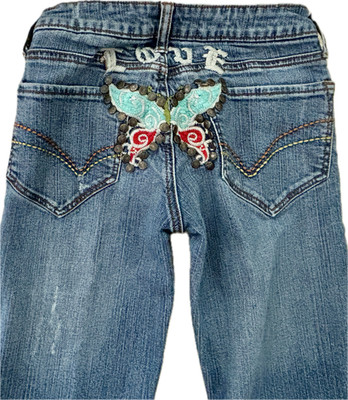 YOUNIQUE Distressed Raw Hem Jeans Embroidered Studded Butterfly Wms Sz 0