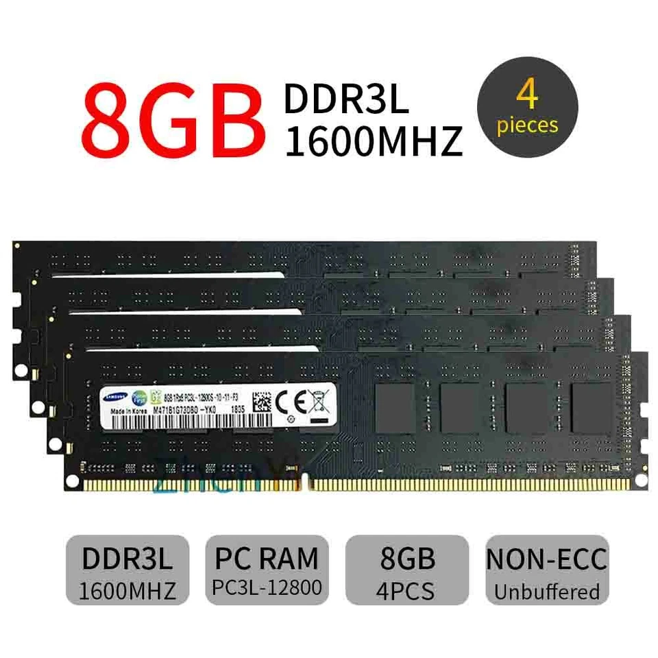 32GB 16GB 8GB 4GB DDR3L PC3L-12800U 1600MHz DIMM Memory SDRAM Samsung Lot Black - Image 2 of 4
