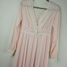 OLGA VINTAGE ROBE Womens 32 M Pink Buttons Lingerie Lace Trim Full Sweep