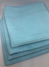 Lot of 4 Microfiber Waffle Weave Cleaning Towel Cloth - Light Blue - 16" X 16"