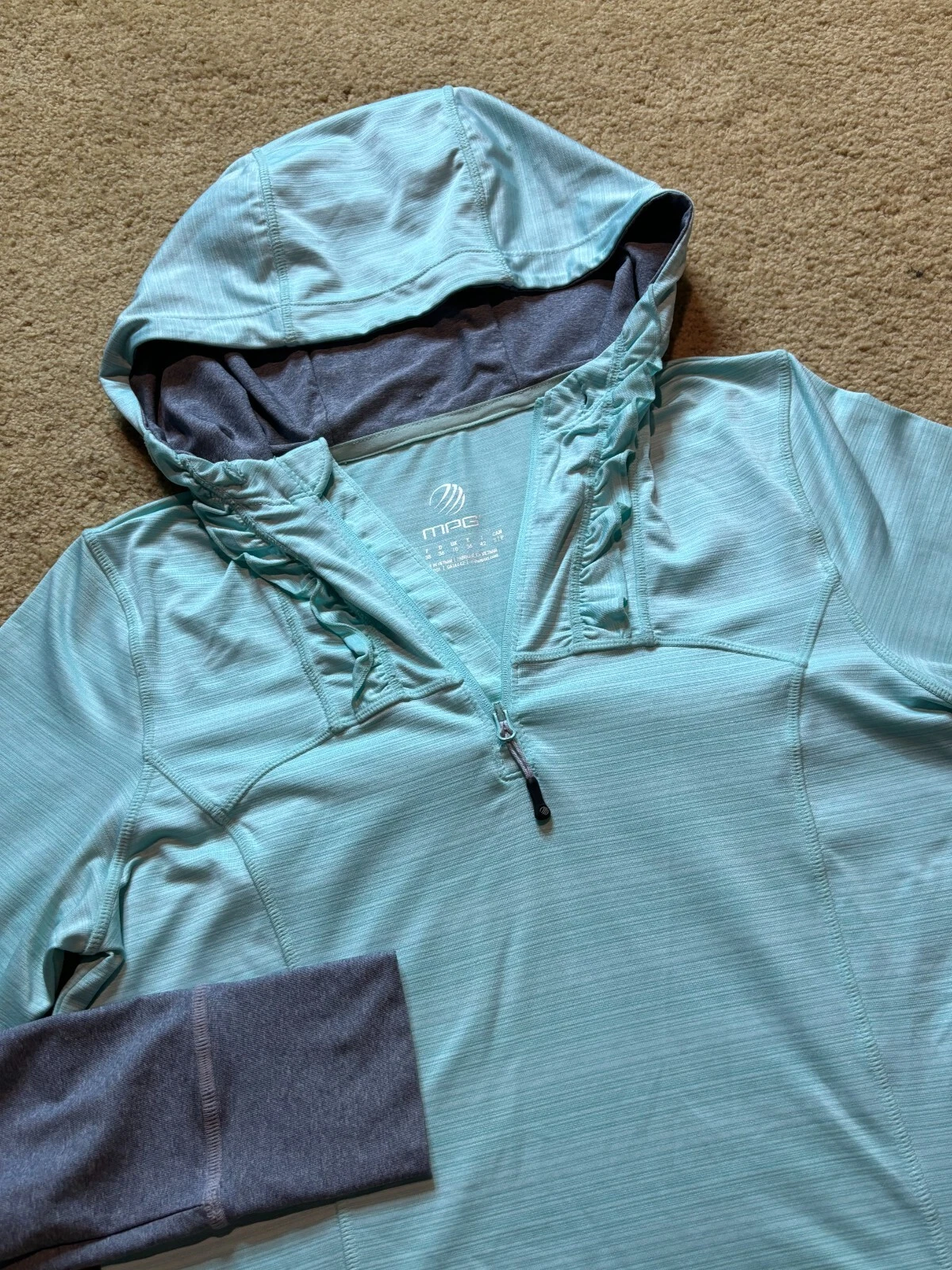 mpg mint aqua quick dry ruffled pullover hoodie