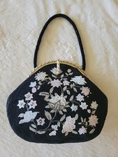 Vintage Gorgeous Fine Petit Point Black /White Floral Beaded Evening Bag Purse