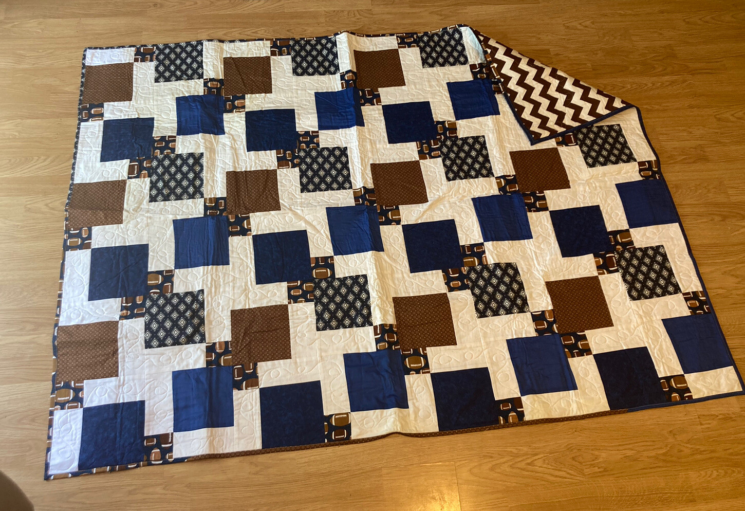 Handmade Baby/Lap Quilt Handstitched Love Sews Blue & Broken Football