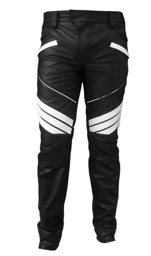 Uomo Moto Motociclisti Vero Nero con Bianco Pelle Pantaloni Jeans Pantaloni  | eBay