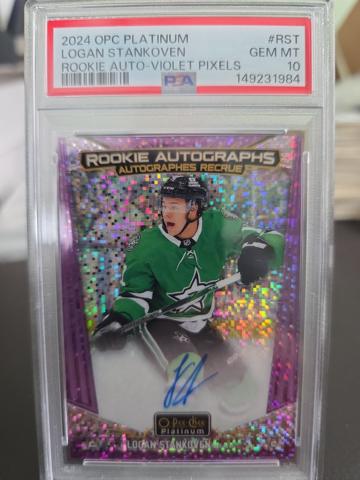 2024-25 OPC Platinum Rookie Auto Logan Stankoven #R-ST Violet Pixels /65 PSA 10